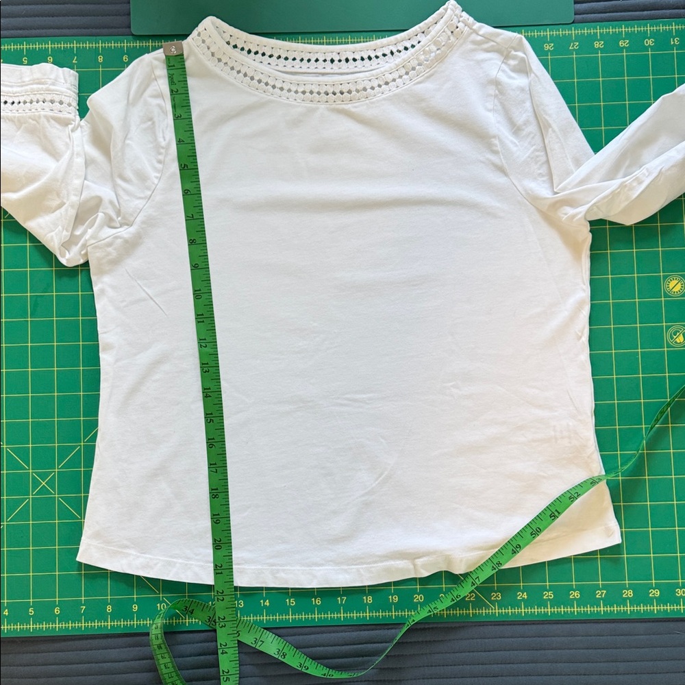 Appleseed's White 3/4 Sleeve Top with Crochet Detail at neck and sleeve, PM - Picture 10 of 11